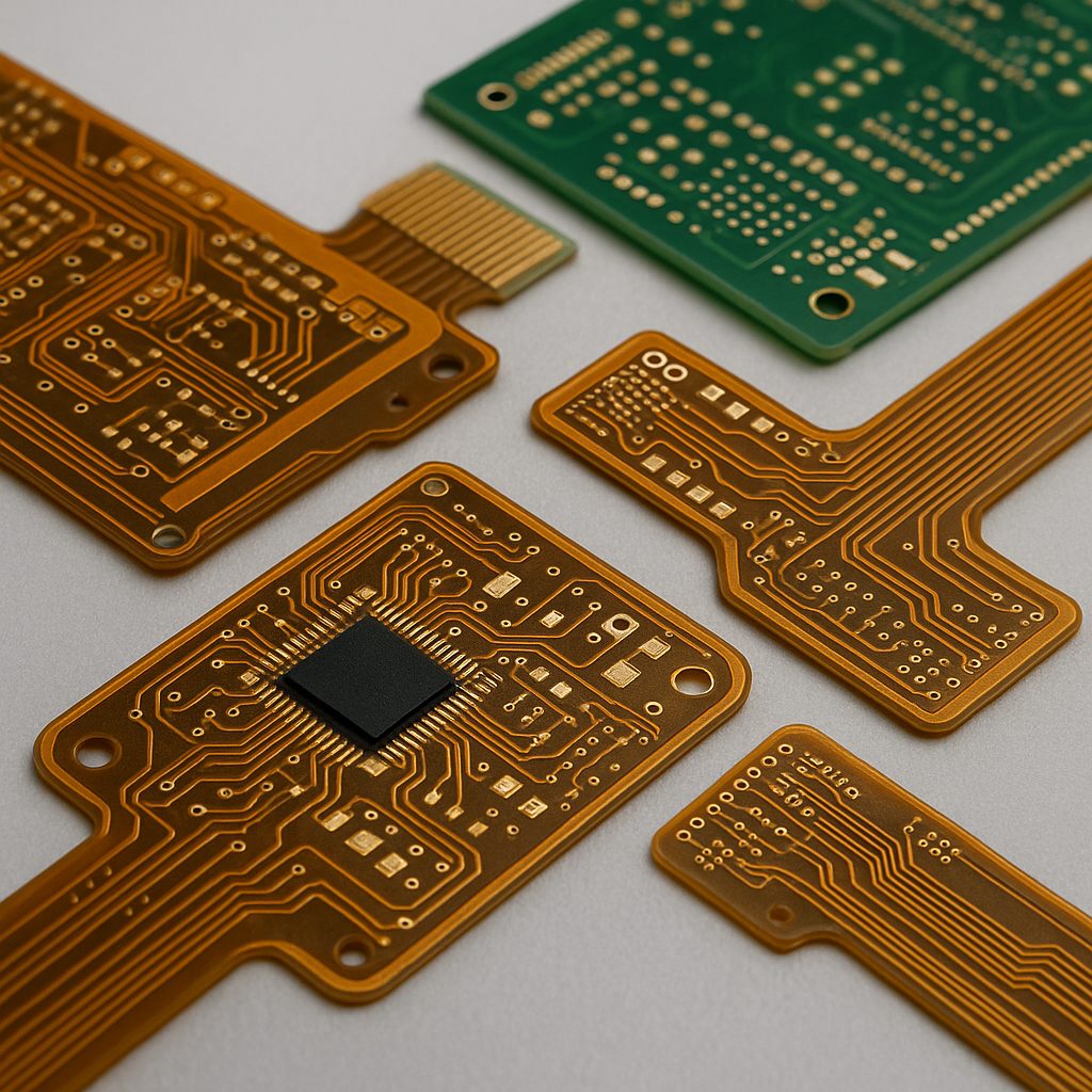 Close-up photo of advanced flexible and rigid-flex PCB boards laid out on a clean inspection surface, showing ultra-thin multi-layer circuits with visible copper traces and components, various thicknesses from 25 microns to standard flex circuits, some with chip-on-board technology integrated, professional product photography with controlled lighting highlighting the circuit details, shot with macro lens, high detail and sharp focus, neutral gray background