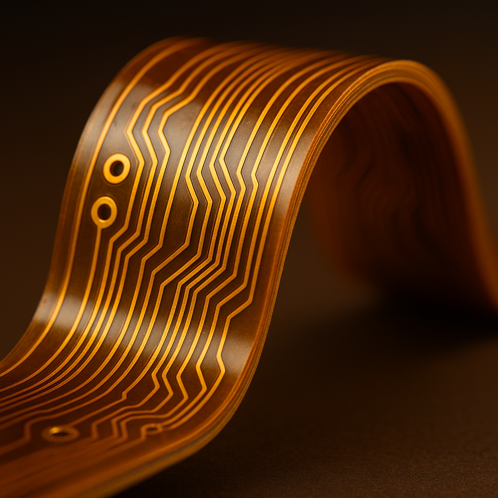 Close-up photo style image of a flexible PCB in a dynamic bent configuration, showing multiple layers of polyimide substrate with visible copper traces and plated through-holes. The circuit is bent at a controlled radius demonstrating its flexibility, with cross-section details visible showing the layer stack-up. Dramatic lighting emphasizes the golden copper traces and the translucent amber-colored polyimide material. Shot with macro lens, shallow depth of field, professional product photography with soft studio lighting