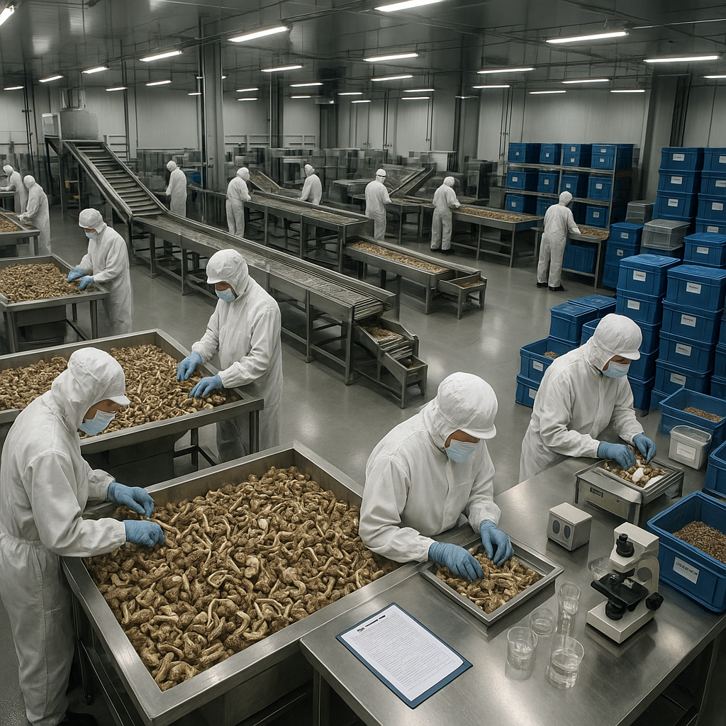 A detailed overhead view of a modern Chinese food processing facility showing multiple production lines, workers in protective gear inspecting dried mushrooms, stainless steel sorting tables, quality control stations with testing equipment, and organized storage areas with labeled containers, shot with wide-angle lens, industrial lighting, high detail, photo style