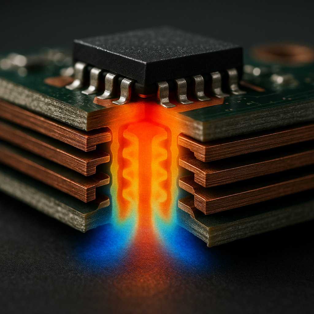 A cross-sectional technical view of a drone PCB thermal management system in photo style, shot with 50mm lens. The image shows thermal vias conducting heat through multiple copper layers, with visible heat dissipation paths from a QFN package power component. Infrared thermal overlay visualization showing temperature gradients in blue to red spectrum. The copper pour areas are visible as thermal spreaders. High contrast lighting emphasizes the three-dimensional structure of the via arrays and copper layers. Professional technical photography with detailed textures of the PCB substrate and copper plating.