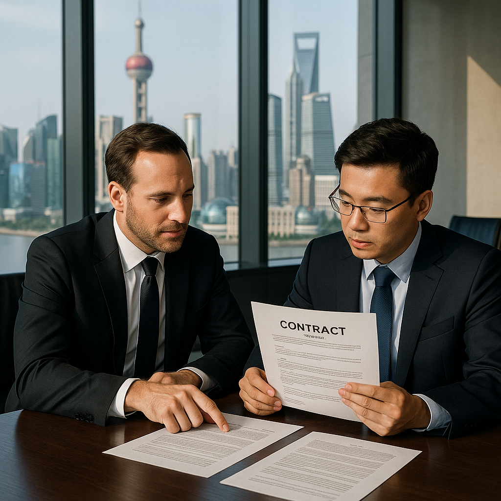 A professional business meeting scene in a modern Shanghai office with floor-to-ceiling windows showing the city skyline. Two businesspeople - one Western and one Chinese - are reviewing contract documents on a large conference table. The documents show both English and Chinese text. Natural lighting, shot with 50mm lens, f/2.8, professional corporate photography style, high detail.