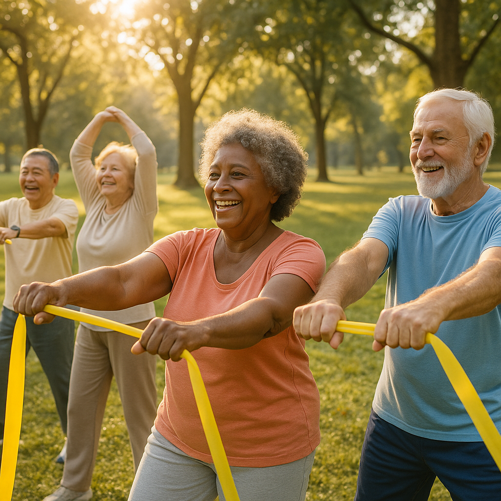 A warm photo of a diverse group of seniors aged 65-80 participating in an outdoor gentle exercise class in a park setting, some using resistance bands, others doing stretching exercises, all smiling and engaged, morning sunlight filtering through trees, shot with wide-angle lens, natural lighting, photo style, showing community and connection