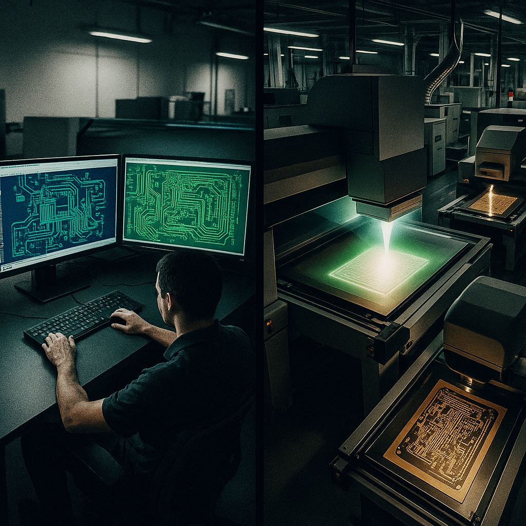 A sophisticated PCB manufacturing facility showcasing quick-turn production capabilities in action. Split composition showing parallel processing: left side displays CAM workstation with engineer reviewing Gerber files on multiple monitors with green and blue circuit traces visible, right side shows automated production floor with direct imaging system projecting precise circuit patterns onto copper-clad boards, laser drilling equipment in operation with visible beam precision, and automated optical inspection system scanning a finished flexible PCB. Overhead view capturing the entire integrated workflow, industrial lighting with dramatic shadows, shot with wide-angle lens, high contrast, highly detailed machinery, photo style with film grain effect, emphasizing speed and precision