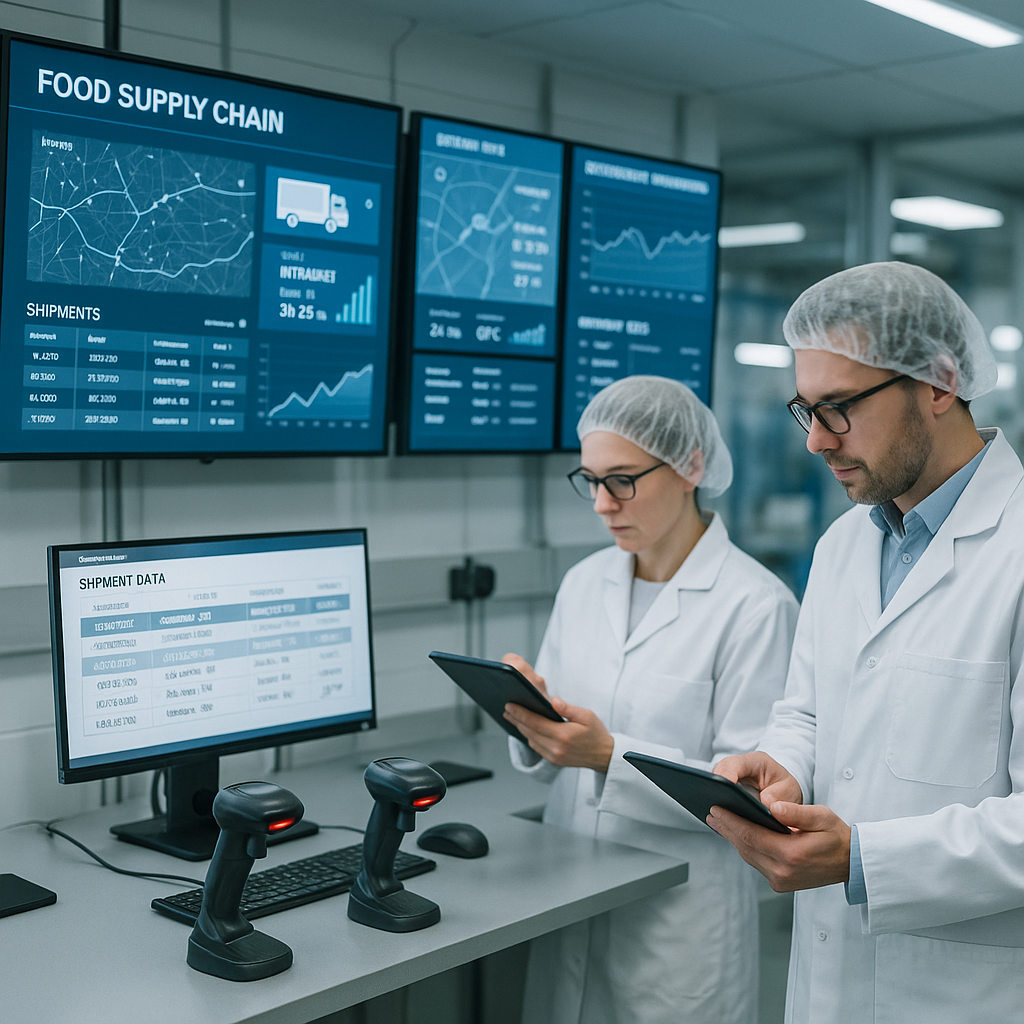 A modern food supply chain control room with multiple digital screens displaying real-time tracking data, barcode scanners, and temperature monitoring systems, workers in white coats reviewing shipment information on tablets, bright LED lighting, clean industrial environment, shot with 35mm lens, shallow depth of field, high-tech atmosphere, detailed equipment, professional photography style