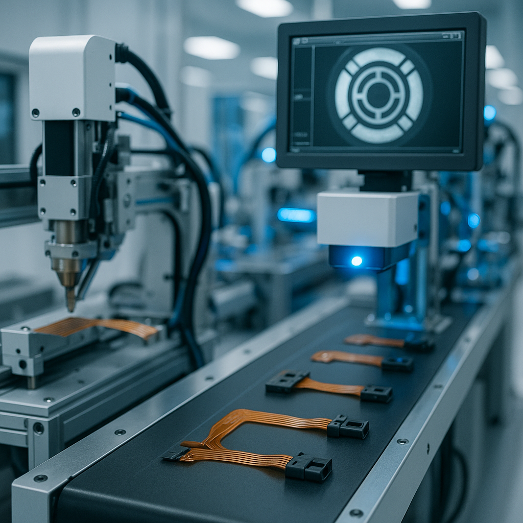 A modern automotive electronics manufacturing facility with precision assembly lines producing flexible printed circuits and sensor connectors, featuring automated quality inspection systems with blue accent lighting, shot with 50mm lens, f/2.8, shallow depth of field, industrial photography style, clean room environment