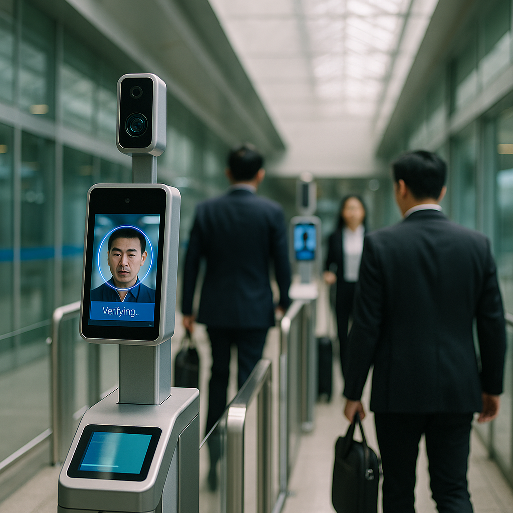 Modern Chinese airport terminal security checkpoint featuring advanced facial recognition cameras mounted on sleek pillars. Business travelers passing through seamless biometric gates with digital screens displaying identity verification in progress. Clean architectural design with glass and metal, natural lighting from ceiling skylights, shot with 35mm lens, shallow depth of field, contemporary atmosphere, photo style, sharp focus on technology, f/1.8