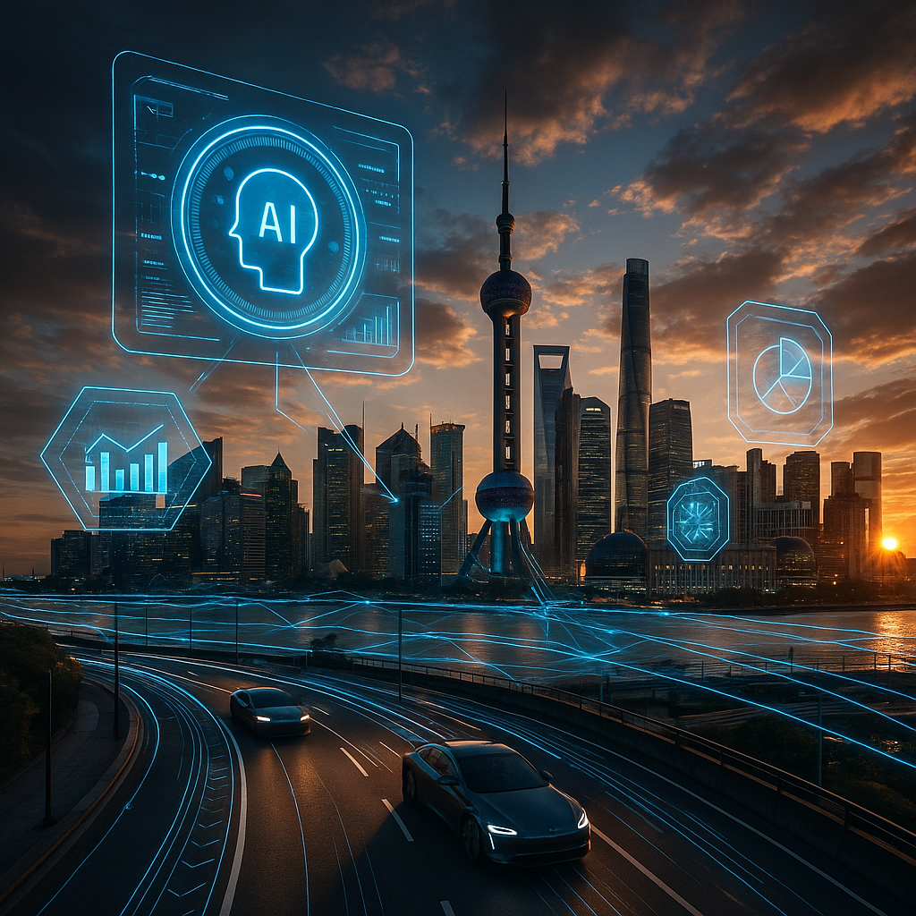 A futuristic cityscape showing Shanghai's skyline in 2030, with holographic AI interfaces floating above modern buildings, autonomous vehicles on smart roads, and digital data streams connecting the infrastructure. Shot with wide-angle lens, dramatic sunset lighting, high contrast, photo style captured with DSLR camera.