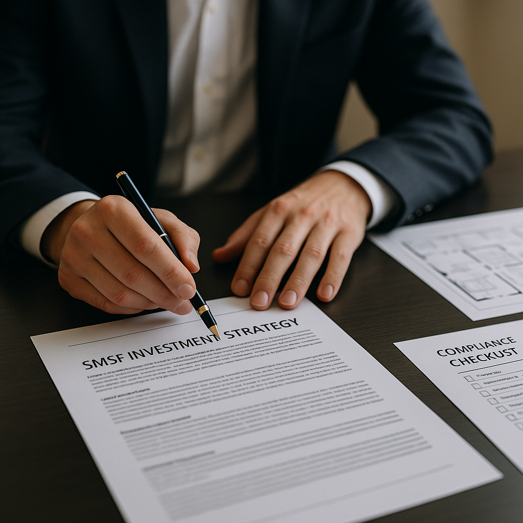 A photo style conceptual image depicting financial advisory consultation, shot with a 50mm lens at f/1.8. In the foreground, a licensed financial adviser's hands point to detailed SMSF investment strategy documents on a sleek desk. In the background, slightly out of focus, are Australian property blueprints and compliance checklists. The lighting is soft and professional, suggesting trust and expertise. The composition uses rule of thirds, with warm natural lighting from the side creating depth. The scene conveys professional competence and the value of specialized guidance. Highly detailed, modern office environment, DSLR quality.
