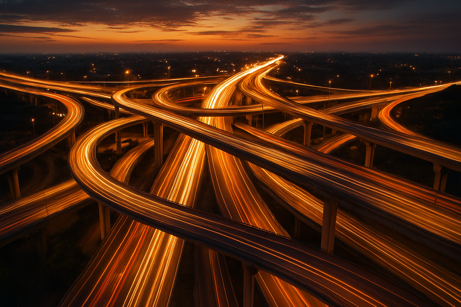 A sophisticated multi-level highway interchange system photographed from an aerial view at dusk, with warm golden hour lighting illuminating the complex interweaving lanes and ramps in three dimensions, shot with a drone camera using a wide-angle lens, the roadways glowing with traffic light trails showing the flow of vehicles through multiple layers, high detail, dramatic lighting, landscape format