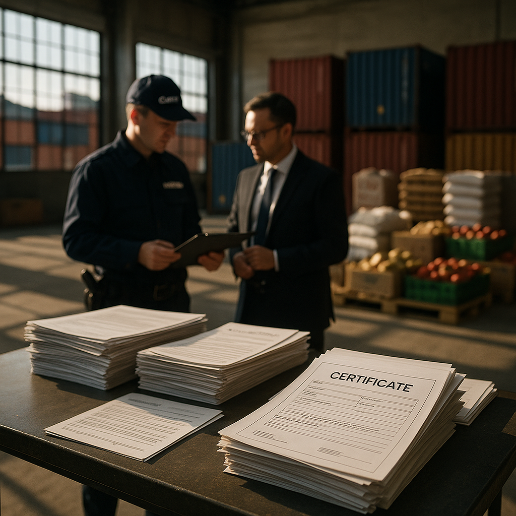 A professional business scene showing a customs inspection area at a modern port facility, with stacks of paperwork and certification documents visible on an inspection table in the foreground. In the background, shipping containers and food products await clearance. Natural lighting from large warehouse windows creates dramatic shadows. The image conveys the critical importance of proper documentation in international food trade. Shot with 50mm lens, f/2.8, photo style, highly detailed.