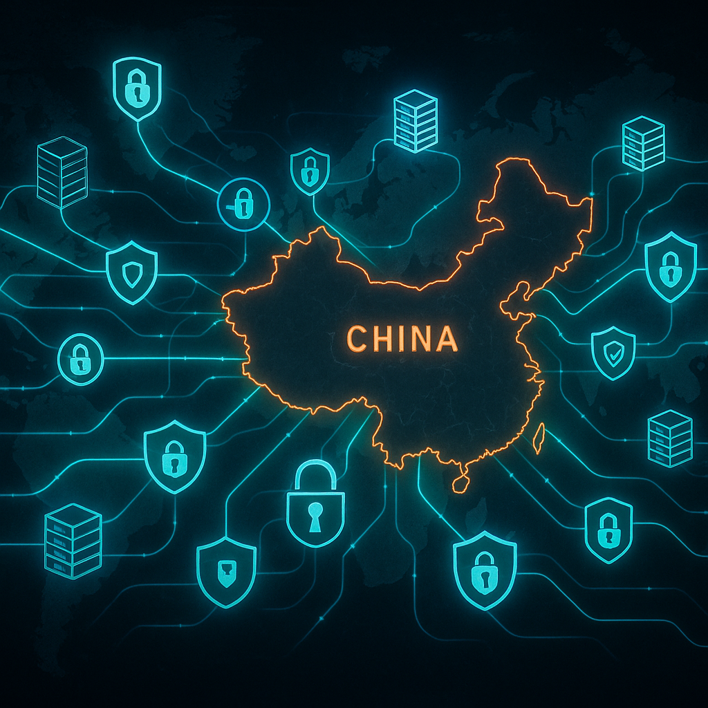 An intricate network visualization showing secure data flows between China and global servers, with encryption symbols and security shields, digital locks on data pathways, blue and green glowing connections, technical illustration meets photo style, highly detailed, dramatic lighting, DSLR camera, sharp focus