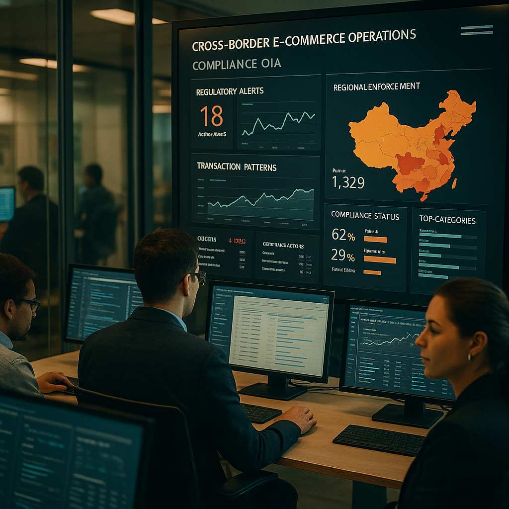 A bustling cross-border e-commerce operations center with multiple monitoring screens displaying real-time compliance data. Central focus on a large dashboard showing regulatory alerts, transaction patterns, and regional enforcement maps of China. Modern tech office environment with glass walls, professional workers analyzing data, shot with 50mm lens, shallow depth of field, warm office lighting, high contrast, photo style, detailed interface displays