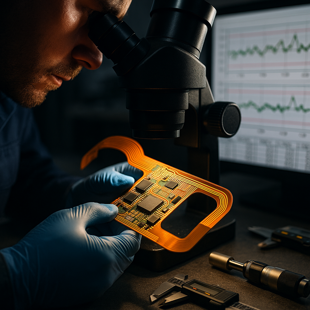 Close-up of a quality control engineer examining a flexible circuit board for an automotive battery management system under magnification, with statistical process control charts and measurement instruments visible on the workstation, macro lens, dramatic side lighting, highly detailed, professional industrial photography, shallow depth of field, Canon EOS R5