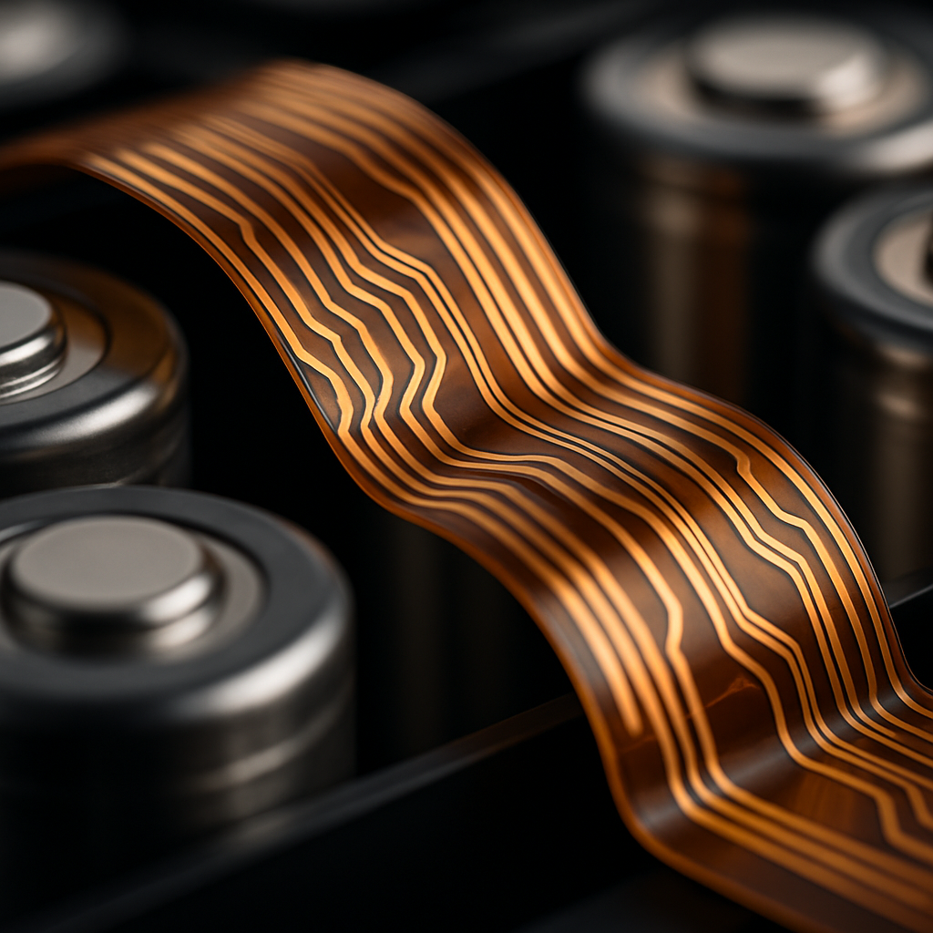 A close-up macro photograph of a multilayer flexible printed circuit board snaking between cylindrical battery cells in an electric vehicle battery pack, shot with a 100mm macro lens at f/2.8, showing the precise copper traces and multiple thin flexible layers bending smoothly around the battery modules, soft directional lighting highlighting the golden copper conductors and the translucent amber polyimide substrate, the circuit appears ultra-thin and bendable while maintaining complex interconnections, shallow depth of field with battery cells slightly blurred in background, high detail, professional product photography style