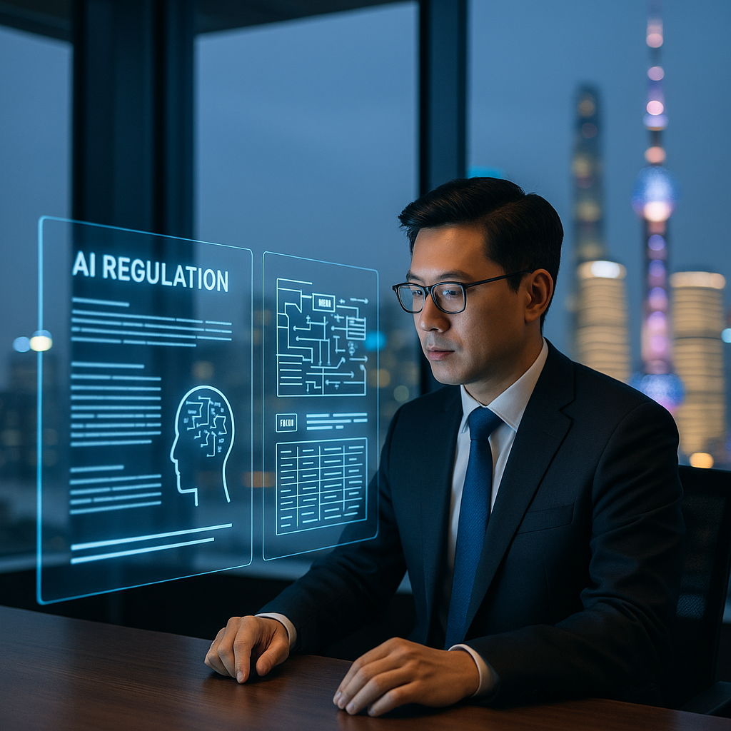 A modern business executive reviewing holographic AI regulatory documents and data flow diagrams in a sleek Chinese office, with Shanghai's skyline visible through floor-to-ceiling windows, professional lighting, shot with 50mm lens, f/2.8, shallow depth of field, photo style