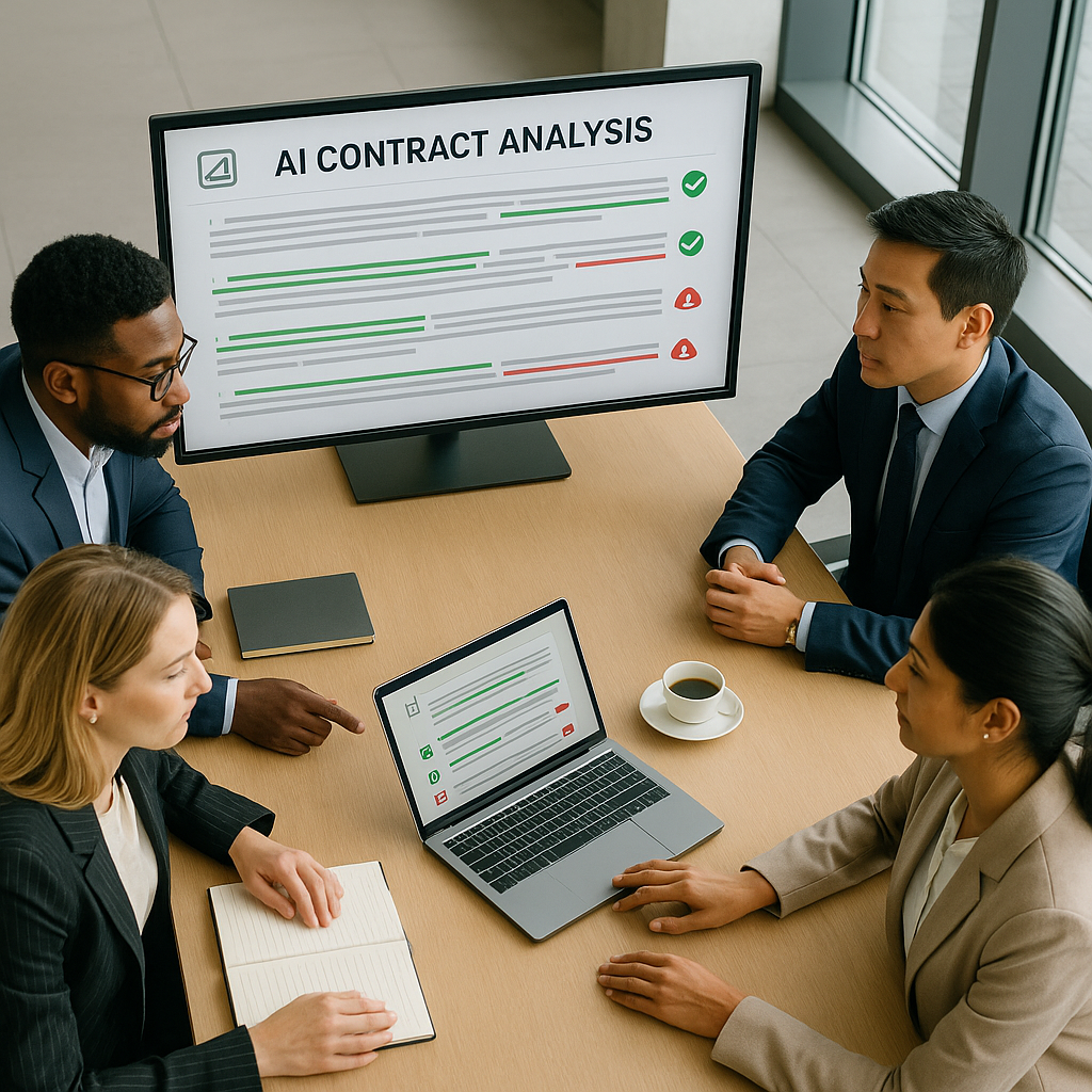 A clean, modern business setting showing a diverse professional team collaborating around a large digital screen displaying AI-powered contract analysis with highlighted clauses, risk indicators, and compliance checkmarks in green and red colors, overhead view, shot with 24mm wide-angle lens, soft natural lighting from large windows, professional corporate photography style