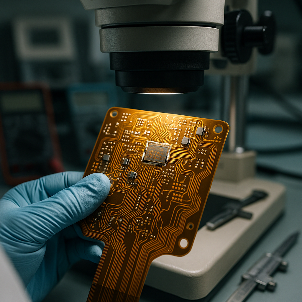Close-up view of a quality inspector examining a flexible PCB circuit board under magnification equipment, showing detailed copper traces and components, professional laboratory environment, inspection tools and measurement devices on the workbench, focused lighting highlighting the circuit details, shallow depth of field, shot with macro lens, f/2.8, photo style, crisp details