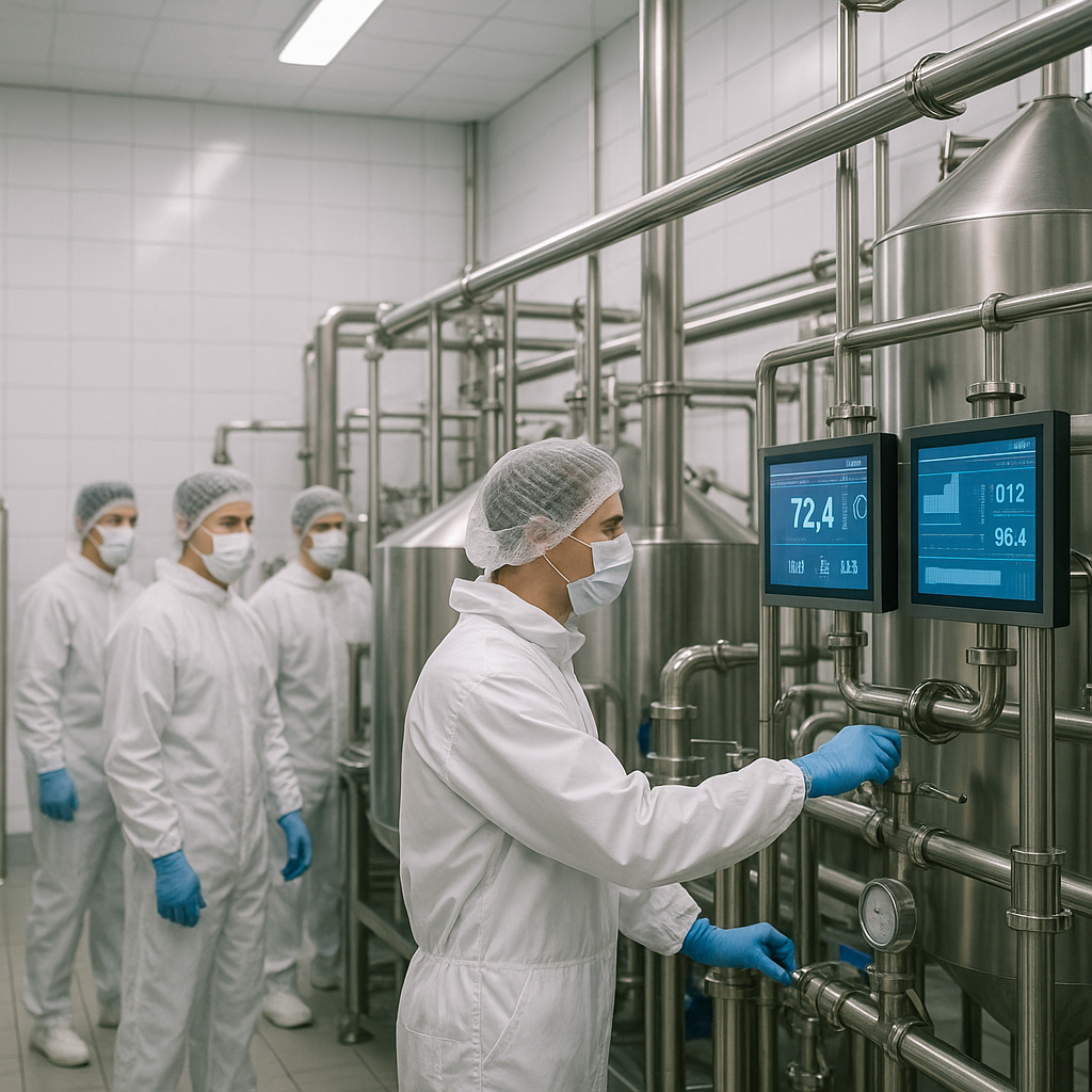 A modern Chinese food production facility with workers in white protective gear and hairnets monitoring stainless steel processing equipment, bright LED lighting illuminating clean white-tiled walls, digital monitoring screens displaying temperature and quality control data, shot with 35mm lens, f/4, professional industrial photography style, high detail, organized and sterile environment
