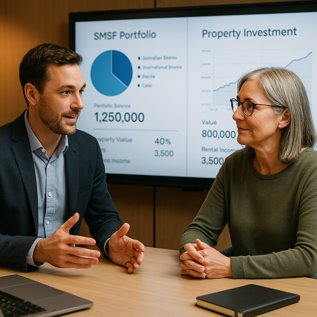 A financial advisor and SMSF trustee having a strategic discussion in a modern meeting room, with a large interactive display showing transparent portfolio data and property investment metrics in the background. The scene captures collaboration and trust, with warm professional lighting, natural expressions, shot with 35mm lens, f/2.8, business casual attire, contemporary Australian office interior, photo style