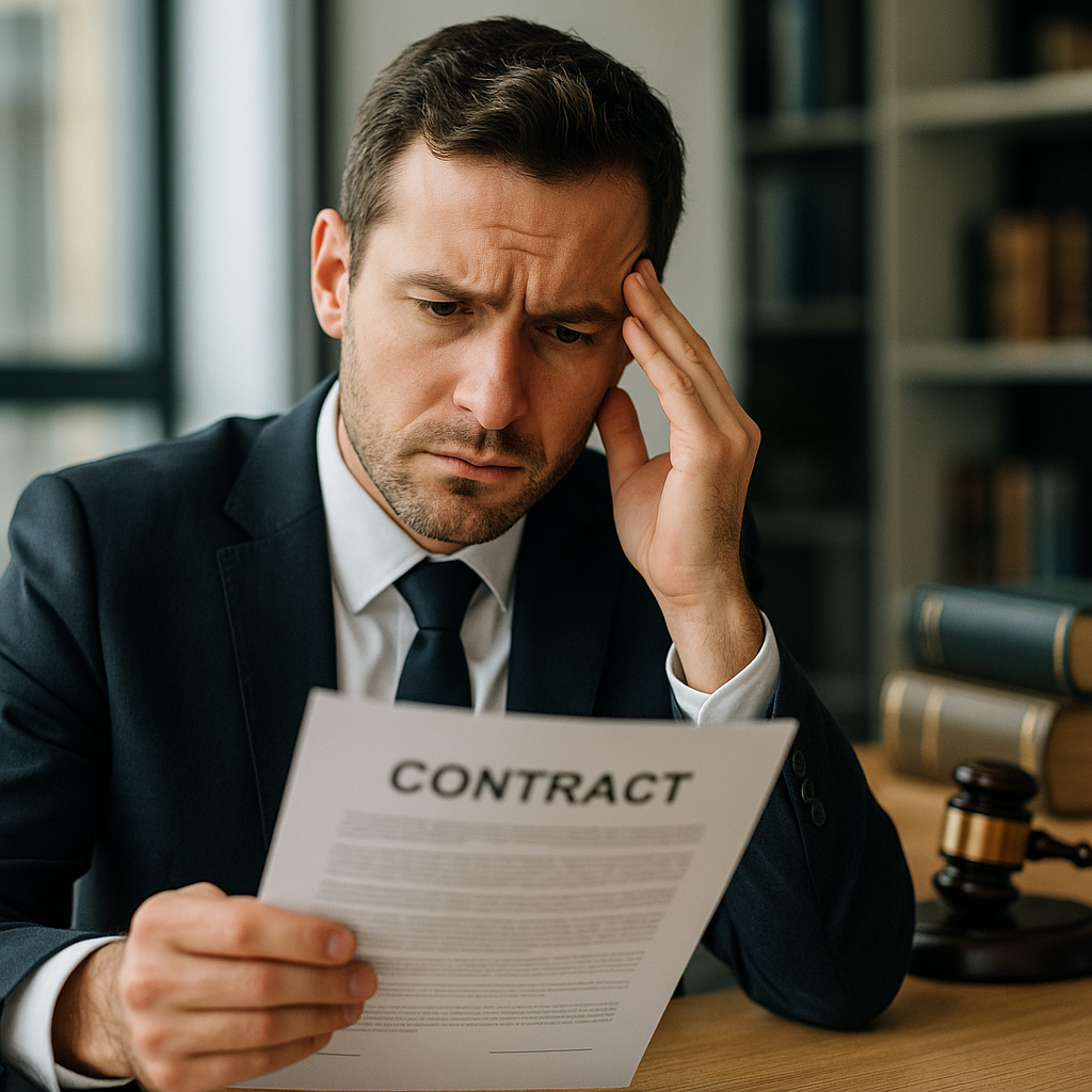 A business professional looking concerned while reviewing a contract document in a modern office, with a gavel and legal books visible in the background, shot with 50mm lens, natural office lighting, shallow depth of field, photo style