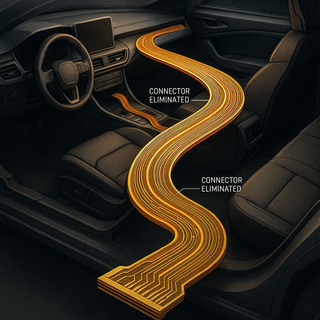 A detailed cross-sectional technical illustration showing a long flexible PCB snaking through a modern vehicle interior, from dashboard to rear compartment. The image should show the thin, curved copper traces on polyimide substrate in gold/amber color, with visible layer structure. Include connector elimination points marked along the circuit path. The scene should emphasize the 3D geometry and space-saving design, shot in dramatic side lighting with selective focus on the flex circuit details. Industrial photography style, shallow depth of field, Canon EOS R5, 50mm lens, f/2.8.