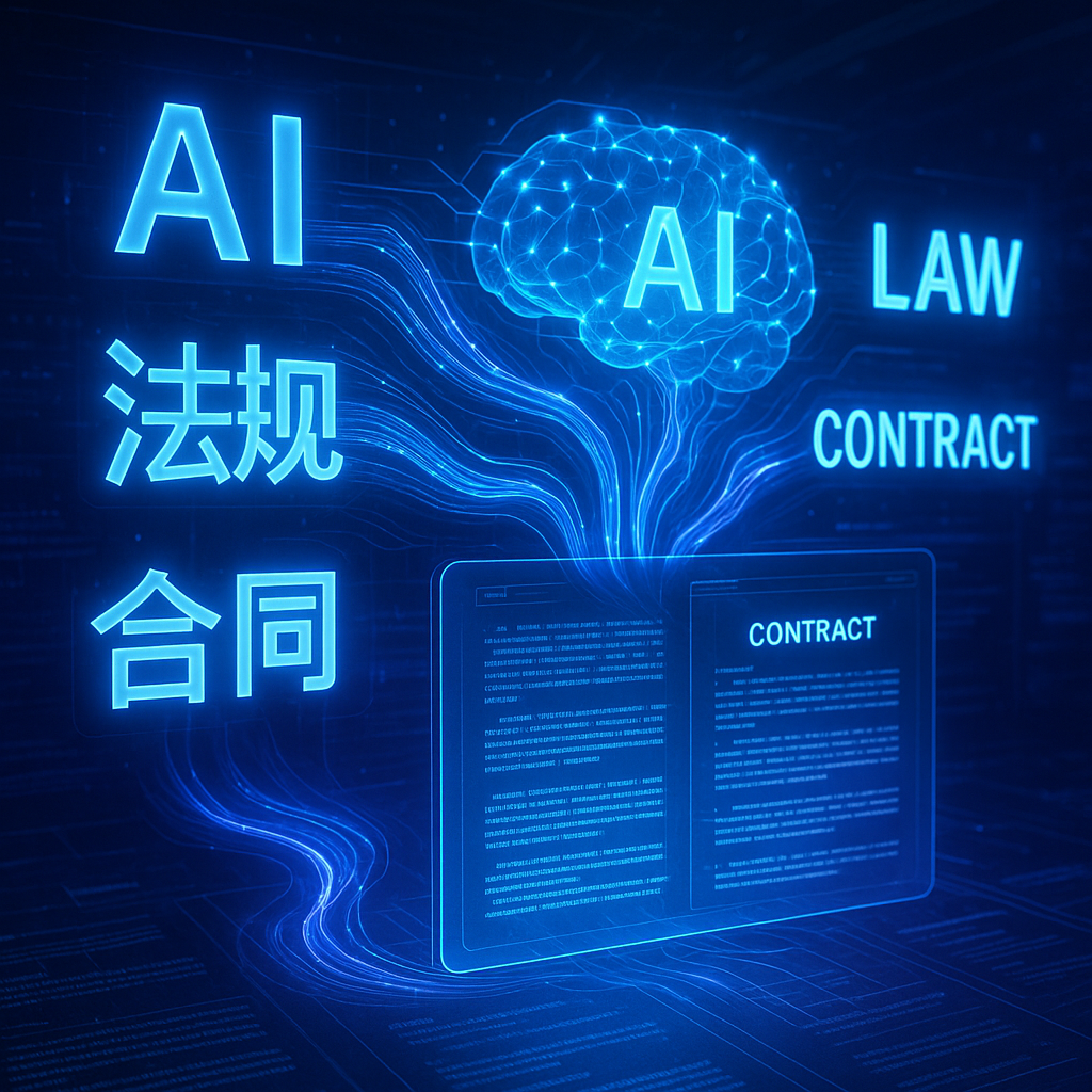A futuristic visualization of AI neural network processing legal documents, with flowing data streams connecting Chinese characters to English legal terms, holographic interface displaying contract text in both languages, blue and purple color scheme, high-tech atmosphere, dramatic lighting, digital art style with photorealistic elements, ultra-detailed