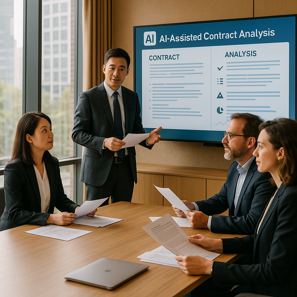 A professional business meeting scene in a contemporary Chinese office with international executives reviewing documents on a large digital screen showing AI-assisted contract analysis interface, natural lighting from floor-to-ceiling windows, modern furniture, warm atmosphere, Canon EOS R5, rule of thirds composition, photo style, detailed textures