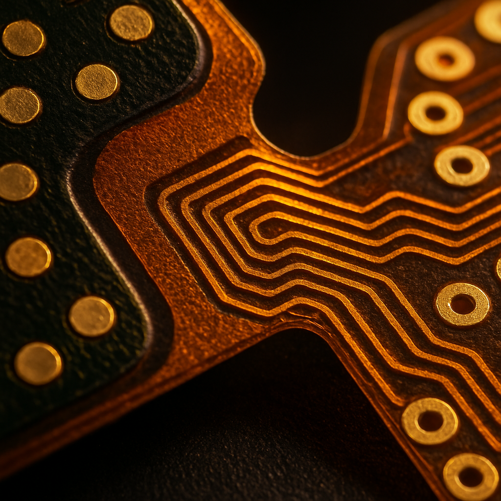 Close-up macro photograph of a rigid-flex PCB prototype showing the transition zone between rigid and flexible sections, detailed view of staggered copper traces routing through the flex area, golden metallic traces on amber polyimide substrate, shot with macro lens, f/4, dramatic side lighting highlighting the three-dimensional structure, highly detailed texture of the circuit board surface