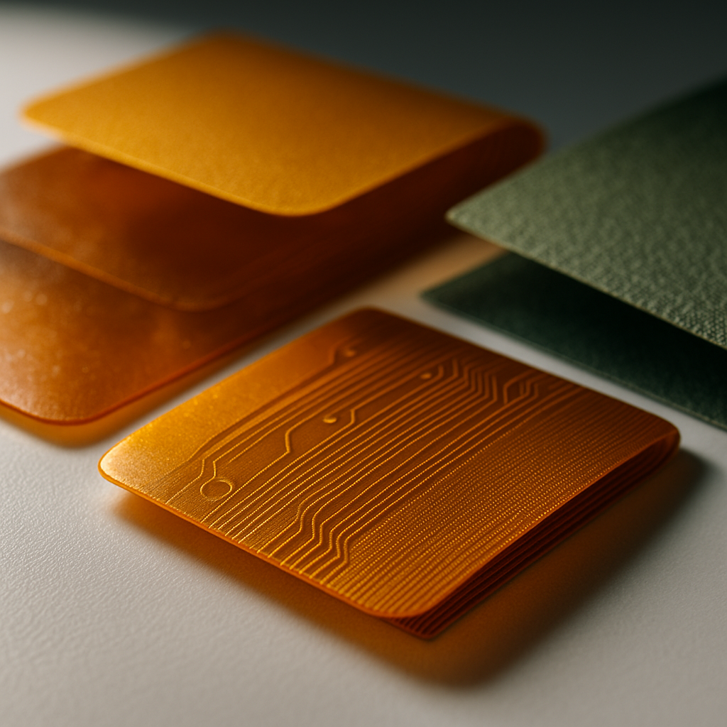 A detailed close-up photo of various flexible PCB substrate materials arranged on a clean laboratory table, showing polyimide, polyester, and LCP sheets with distinct textures and colors, dramatic side lighting highlighting material surface details, shot with macro lens at f/2.8, shallow depth of field, professional product photography style