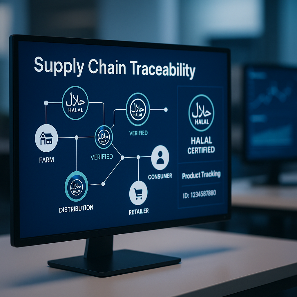 A digital supply chain traceability dashboard displaying a transparent halal certification pathway from farm to consumer, showing interconnected nodes with verification checkpoints, halal certification symbols, and product tracking information on multiple screens, modern office environment with soft blue lighting, shot with 50mm lens, shallow depth of field, photo style
