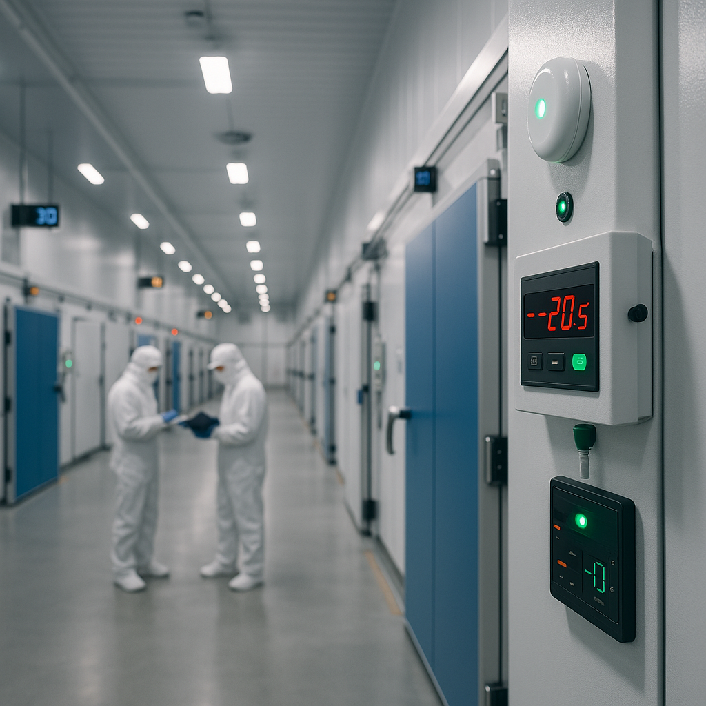 Interior photo of a state-of-the-art cold storage warehouse in China, shot with a wide-angle lens at f/4, showing rows of temperature-controlled storage units with digital monitoring systems, workers in protective gear conducting quality checks, bright industrial LED lighting, clean and organized environment with visible IoT sensors and automated inventory systems, shallow depth of field emphasizing technology details, professional industrial photography style