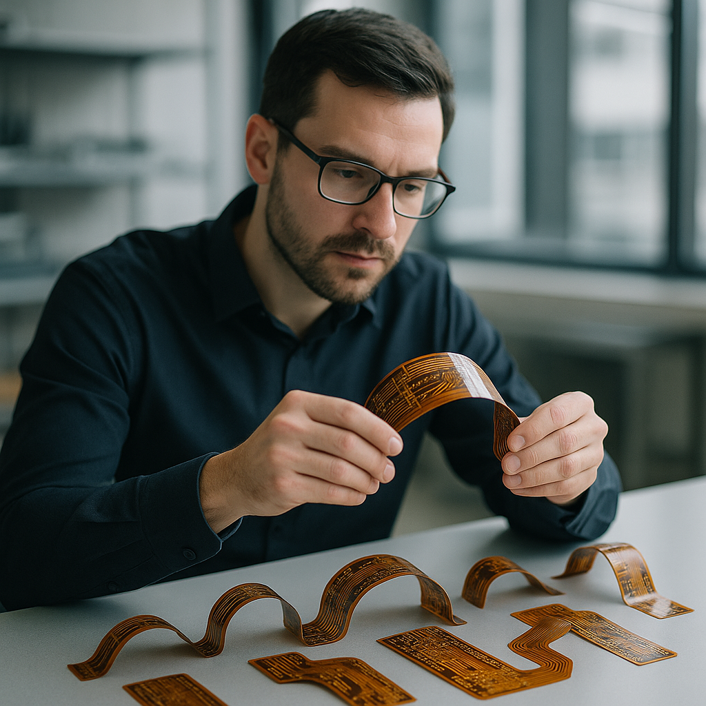 A professional engineer examining flexible PCB prototypes on a modern workbench, with multiple curved circuit boards laid out showing different bend configurations, shot with 50mm lens, f/2.8, natural lighting from large windows, shallow depth of field, detailed copper traces visible, clean industrial workspace background