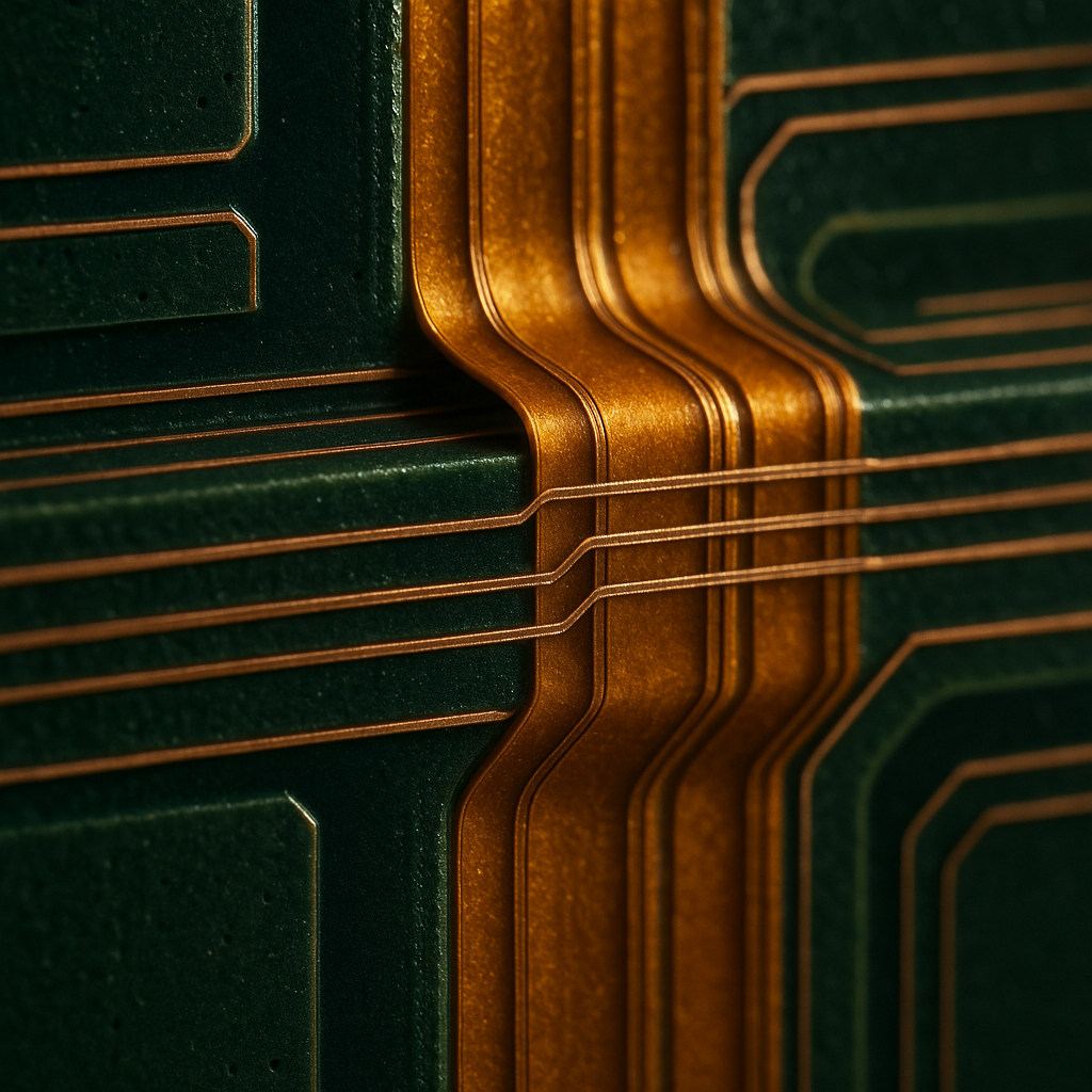 A detailed cross-section view of a rigid-flex PCB assembly showing the layered structure with rigid FR-4 sections in dark green and flexible polyimide sections in golden amber, copper traces visible as thin metallic lines running through both sections, with visible transition zones where materials meet, shot with macro lens, f/2.8, highly detailed, technical photography style, dramatic side lighting highlighting the different material textures and layers