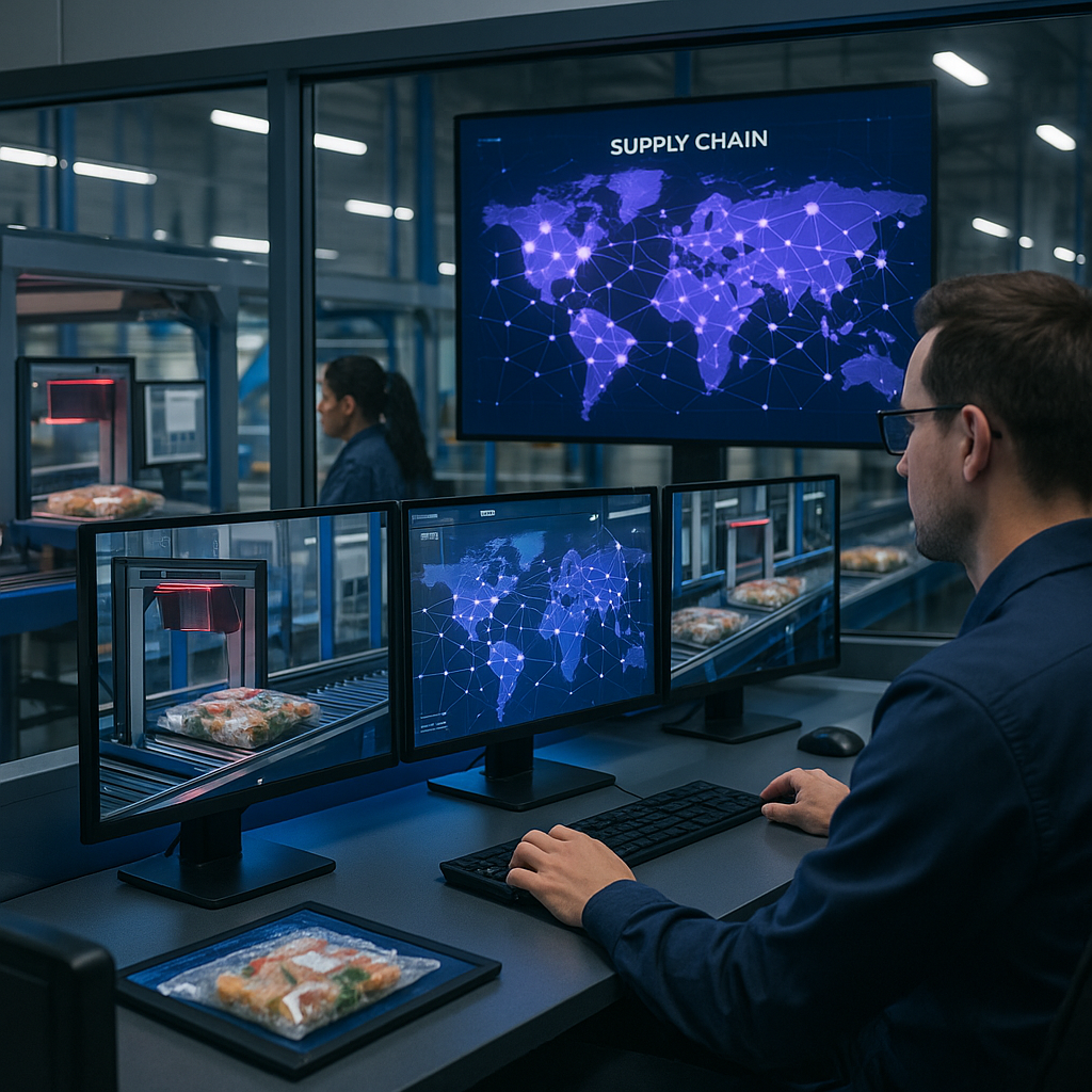 A modern warehouse control room with multiple screens displaying real-time supply chain visualization, showing interconnected nodes representing global distribution networks. Workers monitoring barcode scanning stations with frozen food packages moving through automated conveyor systems. Clean, professional lighting with blue and purple accent colors representing digital connectivity. Photo style, shot with 35mm lens, f/2.8, natural lighting, highly detailed.