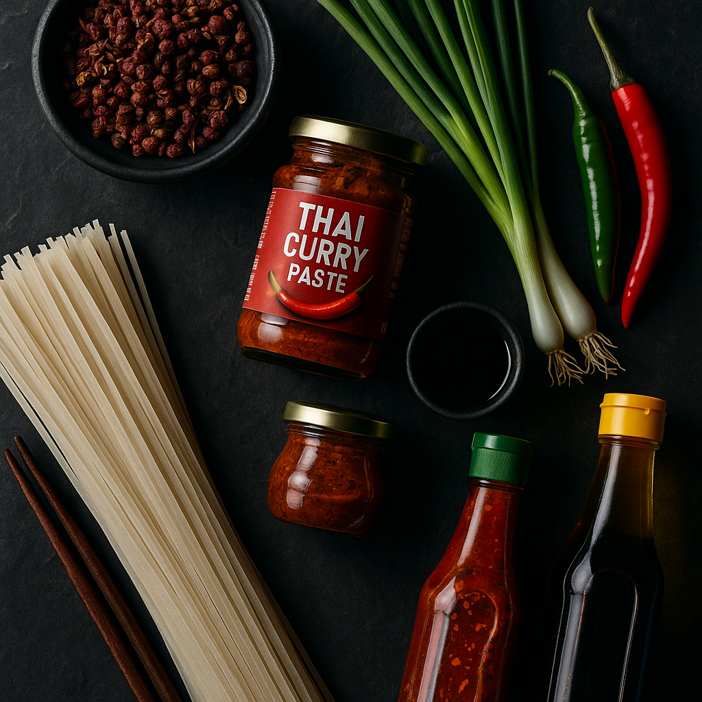 Overhead flat lay photograph of diverse authentic Asian ingredients arranged artistically on a dark slate surface, photo style, shot with macro lens, f/4, dramatic side lighting, featuring Sichuan peppercorns, Thai curry paste jar, fresh Asian vegetables, rice noodles, various Asian sauces in traditional bottles, chopsticks, high contrast, food photography, intricate details, rich colors, shot with DSLR camera