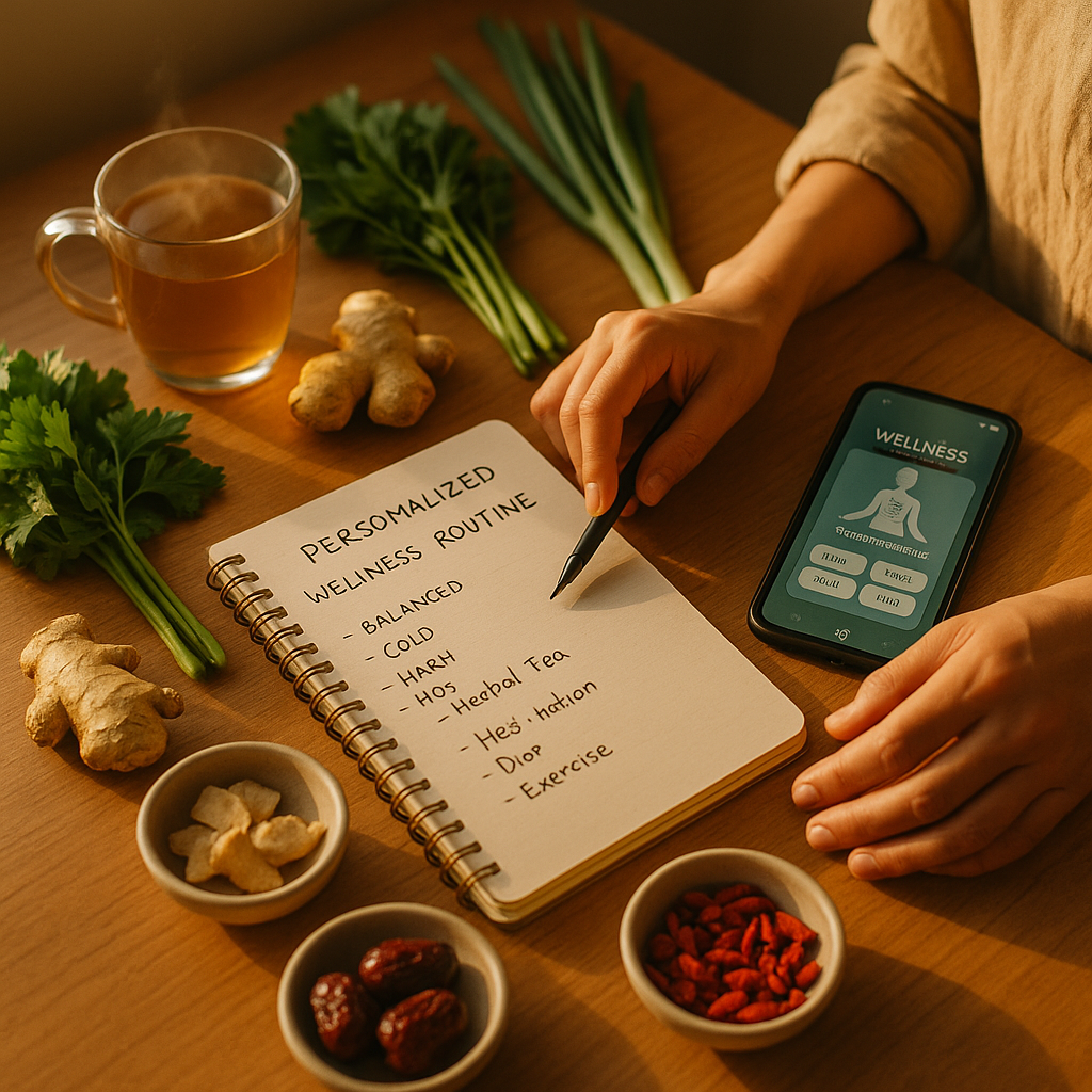 A lifestyle photo showing a person creating a personalized wellness routine based on TCM principles. Shot with 35mm lens, f/2.8, golden hour natural lighting through a window. On a clean wooden table, various elements are arranged: fresh herbs and vegetables representing different constitution types, a steaming cup of herbal tea, a journal with handwritten wellness notes, a smartphone displaying a wellness app interface, and small bowls of traditional ingredients like ginger, dates, and goji berries. The person's hands are visible preparing or organizing these items. Warm, inviting atmosphere with soft shadows. Focus on the harmonious blend of traditional ingredients and modern technology. Photo style, high detail, natural colors with warm golden tones, shallow depth of field with the foreground elements in sharp focus.
