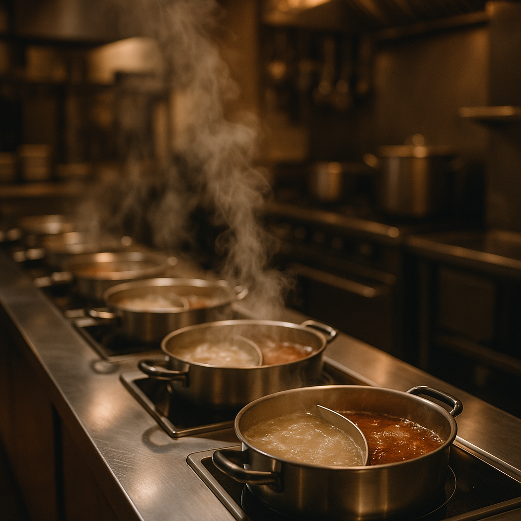 A professional restaurant kitchen setup showing multiple stainless steel hotpot stations with bubbling broths in divided pots, steam rising, warm ambient lighting, shot with 50mm lens, f/2.8, shallow depth of field, photo style