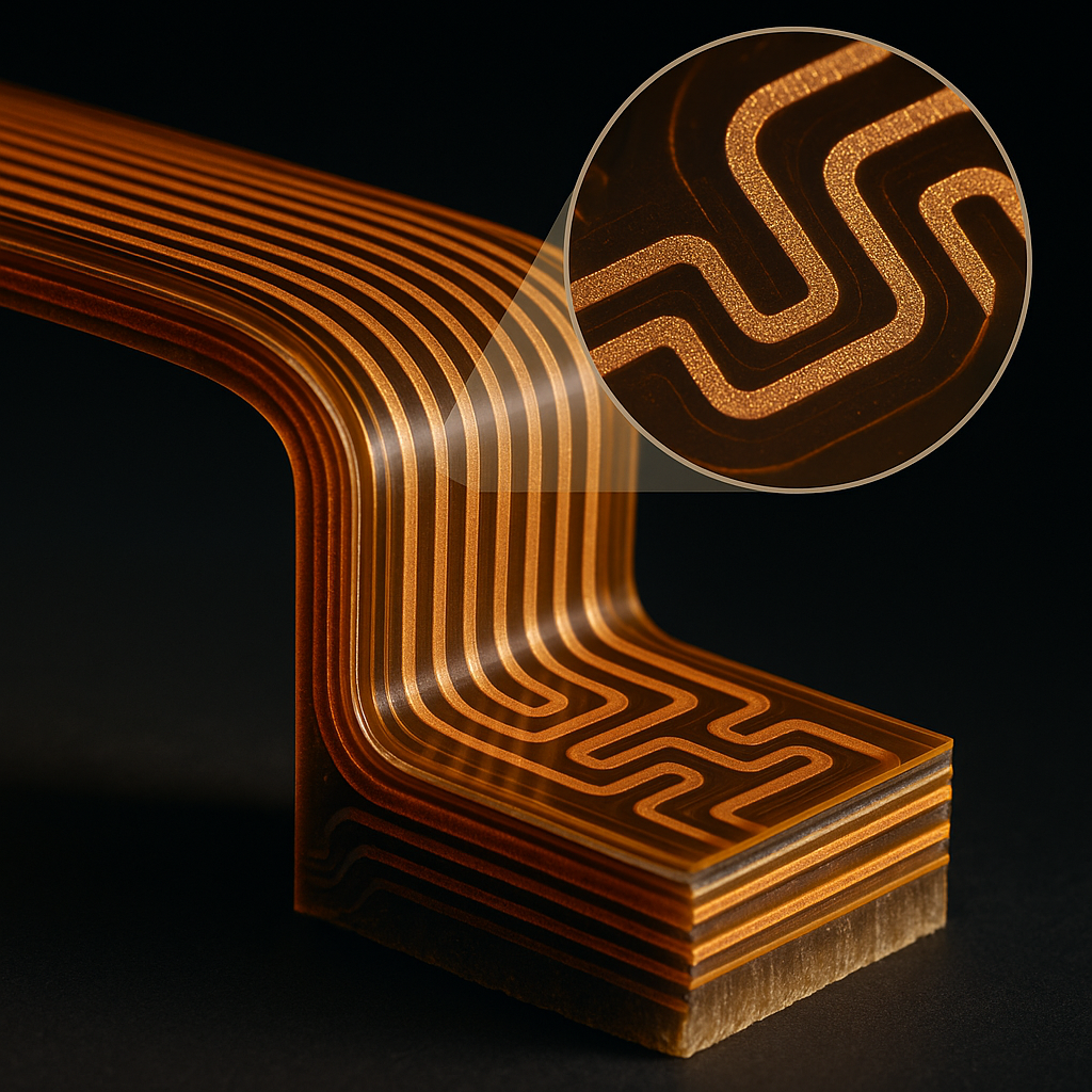 A detailed cross-section view of a flexible printed circuit board bending at 90 degrees, showing multiple copper trace layers embedded in transparent polyimide substrate, with visible serpentine trace patterns, magnified to reveal microscopic structure, professional technical photography, sharp focus, dramatic side lighting, shot with macro lens at f/2.8