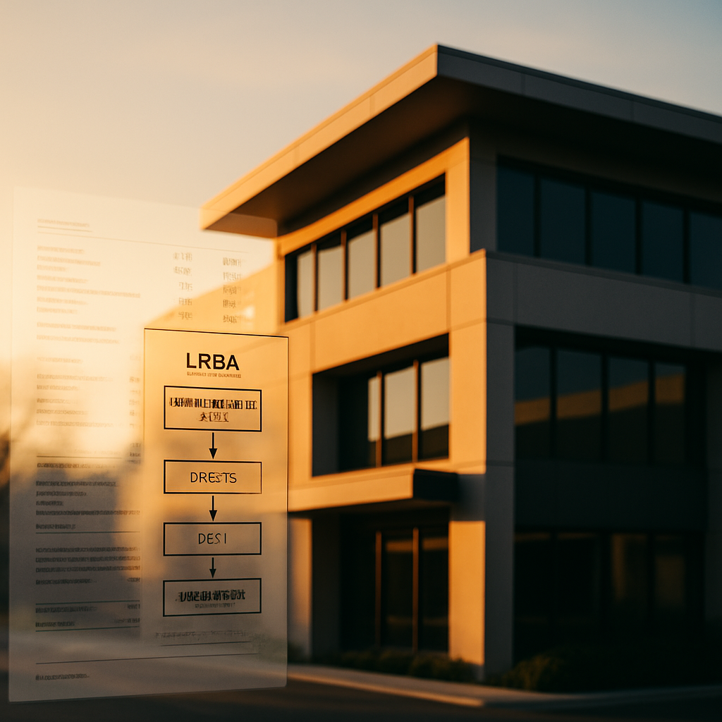 A professional photo showing a modern Australian commercial property building with clean architectural lines, shot during golden hour with warm natural lighting. In the foreground, a transparent overlay effect shows financial documents and a trust structure diagram, symbolizing the LRBA framework. The image should convey security and opportunity, with a shallow depth of field focusing on the building while the background softly blurs. Shot with 50mm lens, f/2.8 aperture, high contrast, photo style