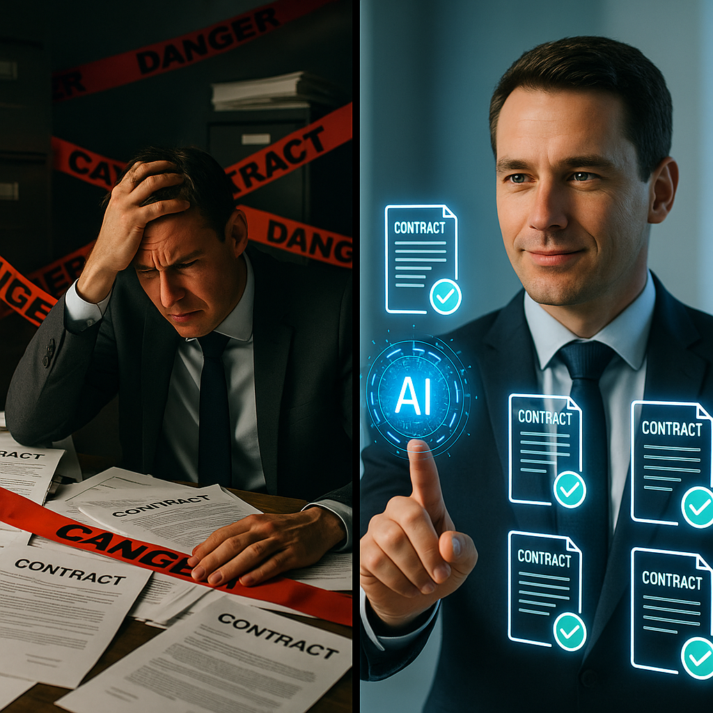 A split-screen composition showing contrast between chaos and order in contract management. Left side: A stressed business professional surrounded by scattered paper contracts, filing cabinets, and tangled red warning ribbons in dim lighting. Right side: The same professional confidently using a sleek digital interface with glowing blue AI indicators, organized contract icons, and green checkmarks floating in bright, clean lighting. Shot with 50mm lens, shallow depth of field, dramatic side lighting, high contrast, photo style.
