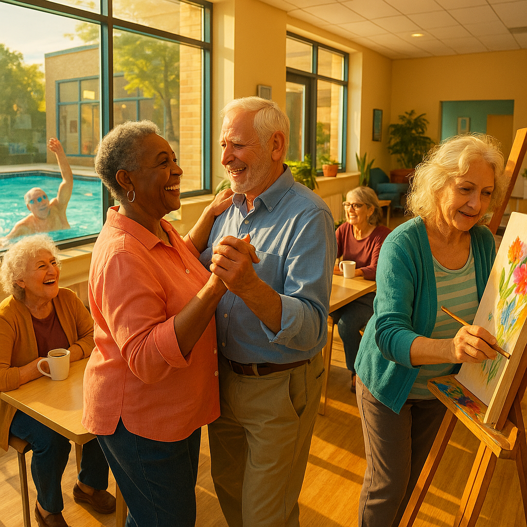 A diverse group of seniors engaged in various activities in a bright community center: one person swimming in a pool visible through large windows, another couple dancing, someone painting at an easel, and others socializing with coffee, warm afternoon light streaming through windows, shot with wide-angle lens, f/4, vibrant colors, photo style, capturing energy and connection