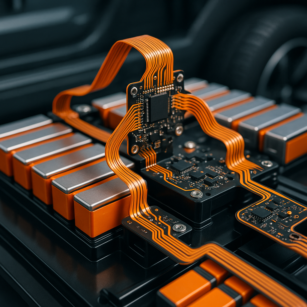 A modern electric vehicle battery management system showing flexible circuit boards with rigid-flex construction connecting battery cells, orange and black color scheme, high-tech automotive environment, visible copper traces and electronic components, professional industrial photography, clean lighting, shot with 35mm lens, shallow depth of field