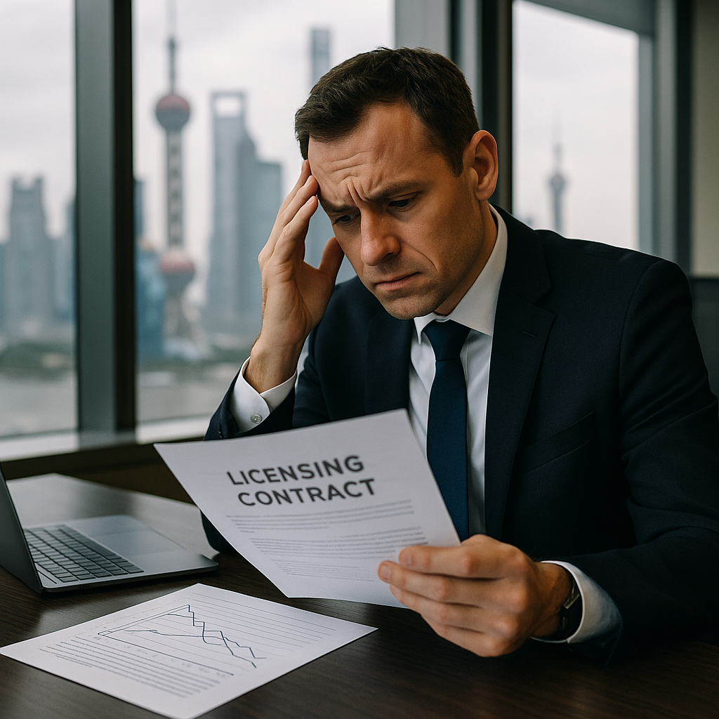 A professional business photograph showing a worried foreign executive sitting at a modern office desk in Shanghai, reviewing licensing contract documents with visible financial charts showing declining revenue curves, natural office lighting through floor-to-ceiling windows with city skyline view, shot with 50mm lens at f/2.8, shallow depth of field, photo style, DSLR camera, high contrast, business attire, contemporary corporate interior
