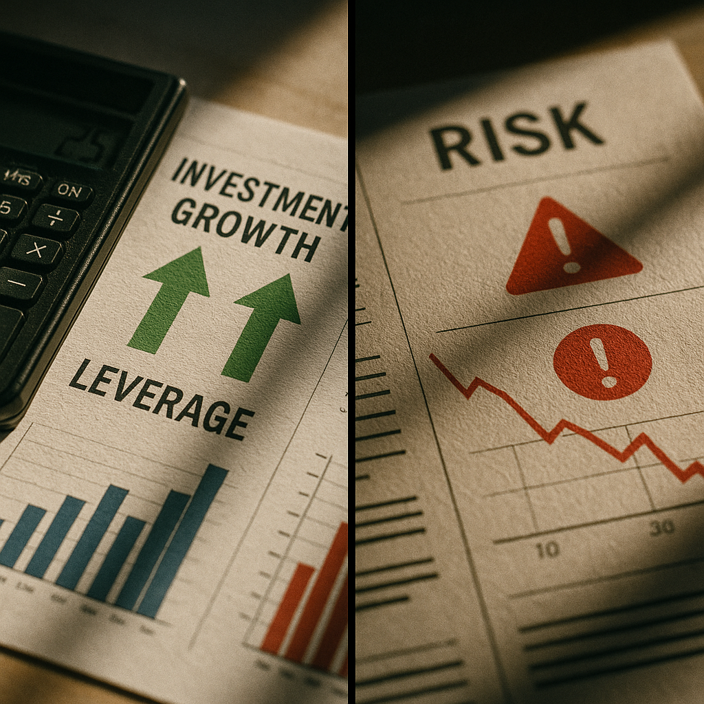 A detailed photo style image showing two contrasting scenarios side by side: on the left, a calculator and financial charts with green upward arrows representing investment growth and leverage benefits; on the right, red warning indicators and declining graphs symbolizing financial risks. The composition uses rule of thirds, shot with macro lens to capture intricate details of the financial documents. Natural lighting from a window creates dramatic shadows, emphasizing the balance between opportunity and risk. Film grain effect adds authenticity, highly detailed, DSLR camera