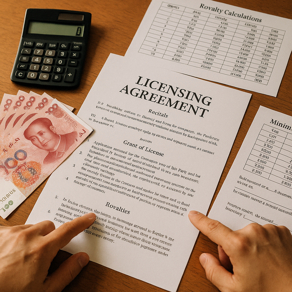 A detailed overhead shot of licensing agreement documents spread across a wooden conference table, with calculator, Chinese yuan currency notes, financial spreadsheets showing royalty calculations and minimum guarantee figures, hands of two people pointing at contract clauses, natural lighting from above, shot with macro lens, f/4 aperture, sharp focus on contract text, photo style, professional business documentation, highly detailed, warm tones