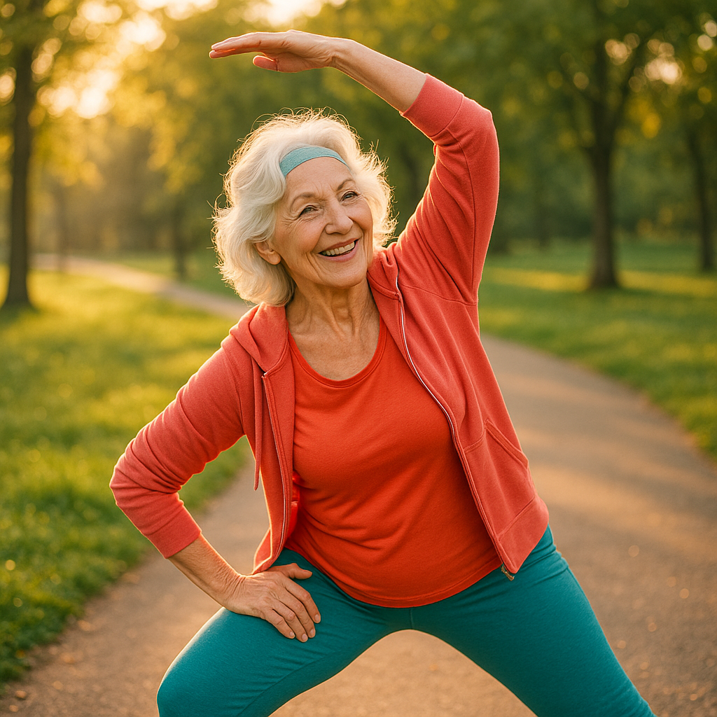 A vibrant senior woman in her 70s with silver hair, wearing athletic wear, stretching outdoors in a sunlit park at golden hour, surrounded by walking paths and greenery, shot with 50mm lens, f/2.8, natural warm lighting, photo style, highly detailed
