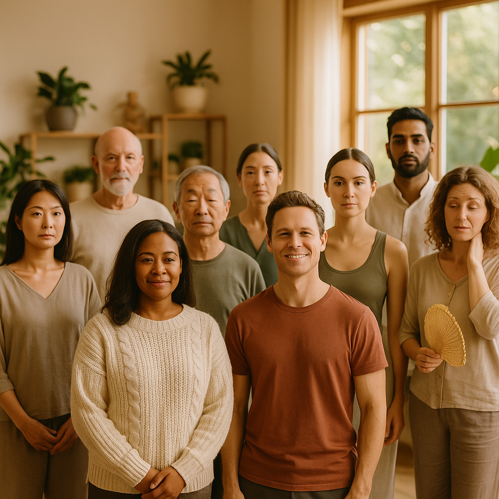A serene and educational photo-style image showing the nine TCM body constitution types represented as diverse individuals in a calm wellness space. Shot with 50mm lens at f/2.8, natural lighting filters through large windows. Nine people of different ages and ethnicities stand in a semi-circle, each displaying subtle visual characteristics of their constitution type: one person wearing a cozy sweater (yang deficiency), another looking energetic and balanced, one appearing tired (qi deficiency), someone fanning themselves (yin deficiency), etc. Soft, warm lighting creates an inviting atmosphere. The scene is set in a modern wellness center with plants and natural wood elements. Photo style, shallow depth of field, warm color tones, professional lifestyle photography aesthetic.