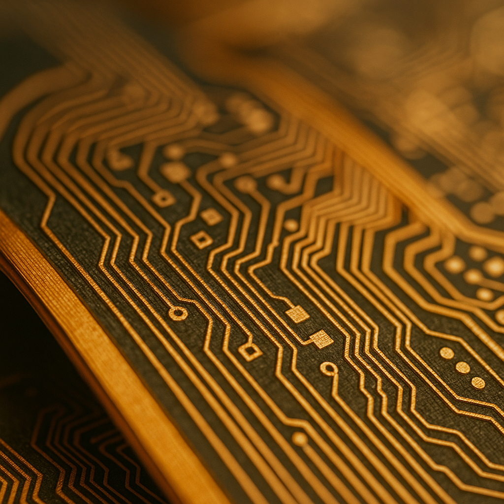 Close-up macro photograph of a flexible printed circuit board showing intricate copper traces and circuit patterns on golden polyimide substrate, shallow depth of field, f/2.8 aperture, detailed texture, professional product photography, natural lighting
