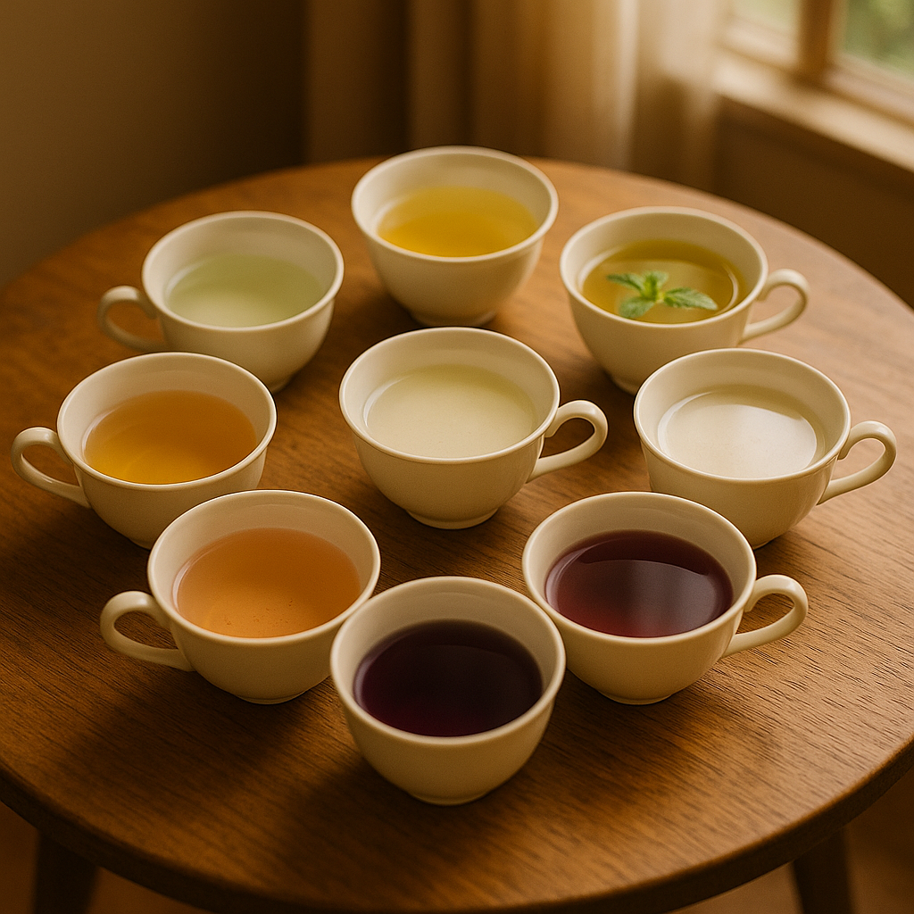A serene wellness scene showing nine elegant tea cups arranged in a circular pattern on a wooden table, each containing different colored liquids representing the nine body constitution types - clear water, pale tea, warm golden liquid, cooling mint tea, cloudy white liquid, amber tea, deep purple liquid, light green tea, and pink floral tea. Soft natural lighting from a nearby window creates gentle shadows. Shot with 50mm lens, f/2.8 aperture, shallow depth of field, warm tones, highly detailed, DSLR photo style