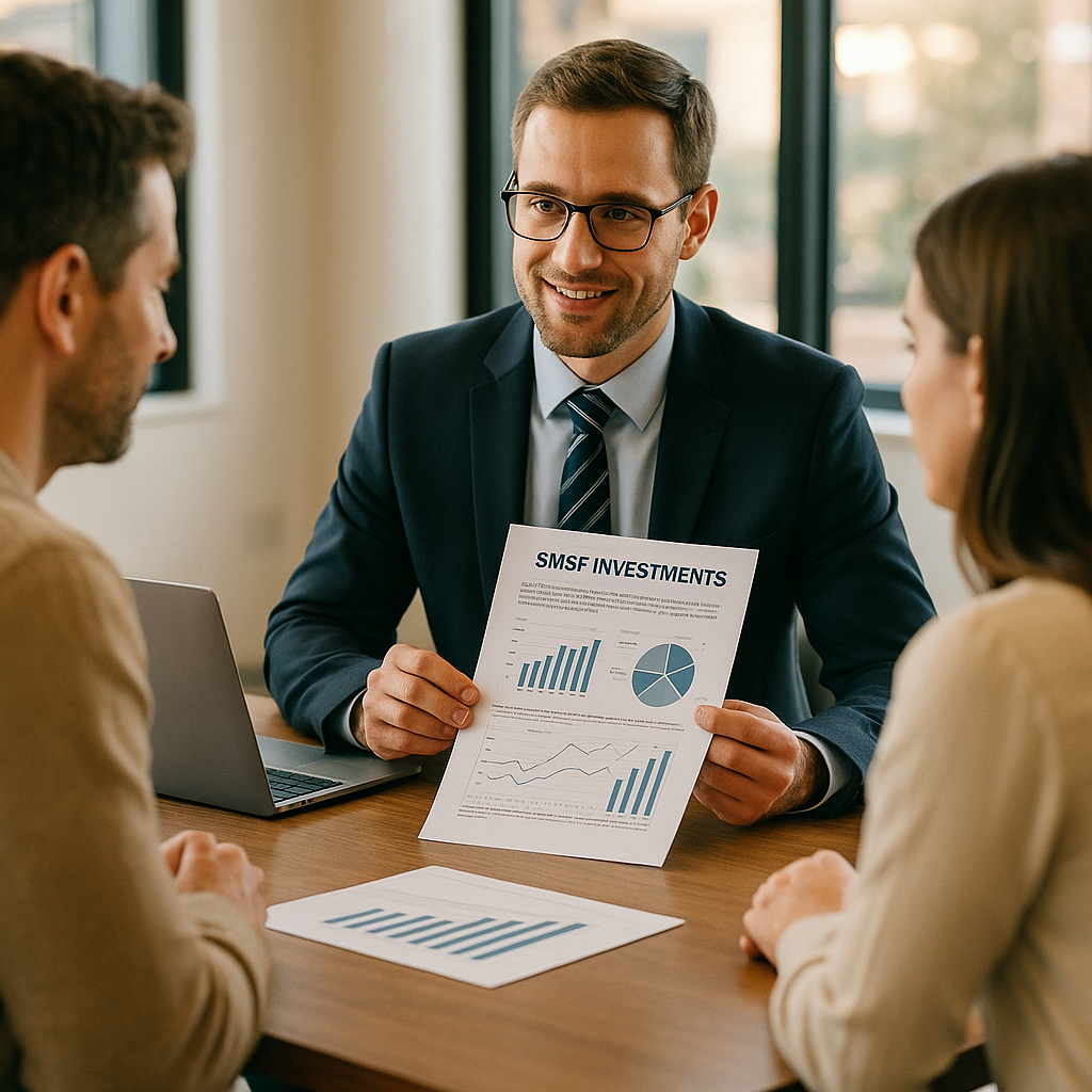 A professional financial advisor in a modern office reviewing SMSF investment documents with clients, photo style, shot with 50mm lens, natural lighting through large windows, warm professional atmosphere, business meeting setup with laptops and financial charts, shallow depth of field, contemporary Australian office setting
